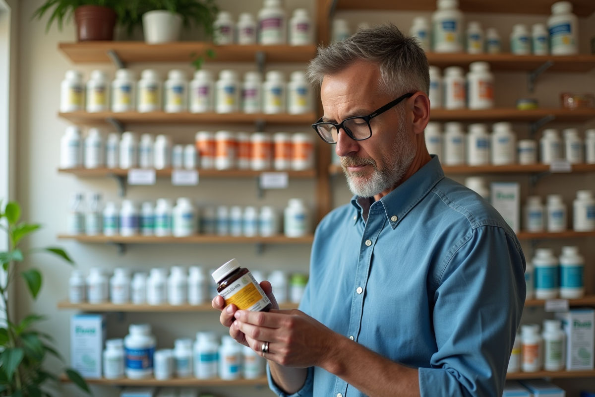 Homme lisant une étiquette de vitamine en pharmacie