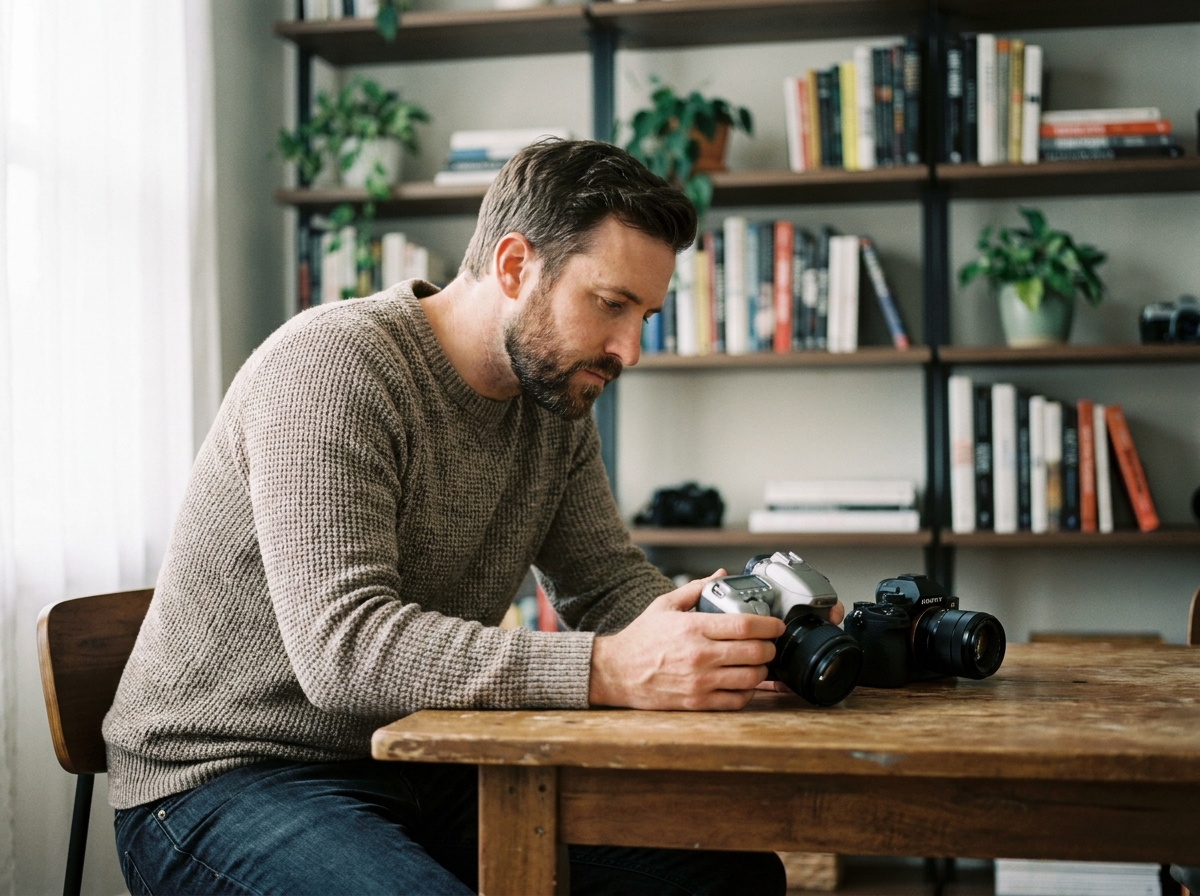 Homme pensif étudiant deux appareils photo en intérieur