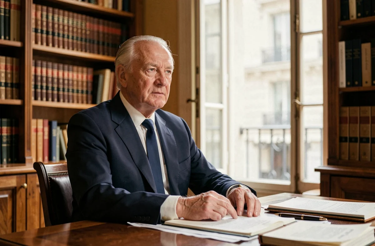 Portrait d'un homme politique âgé assis à un bureau en bois dans un bureau classique à Paris, expression sereine et réfléchie