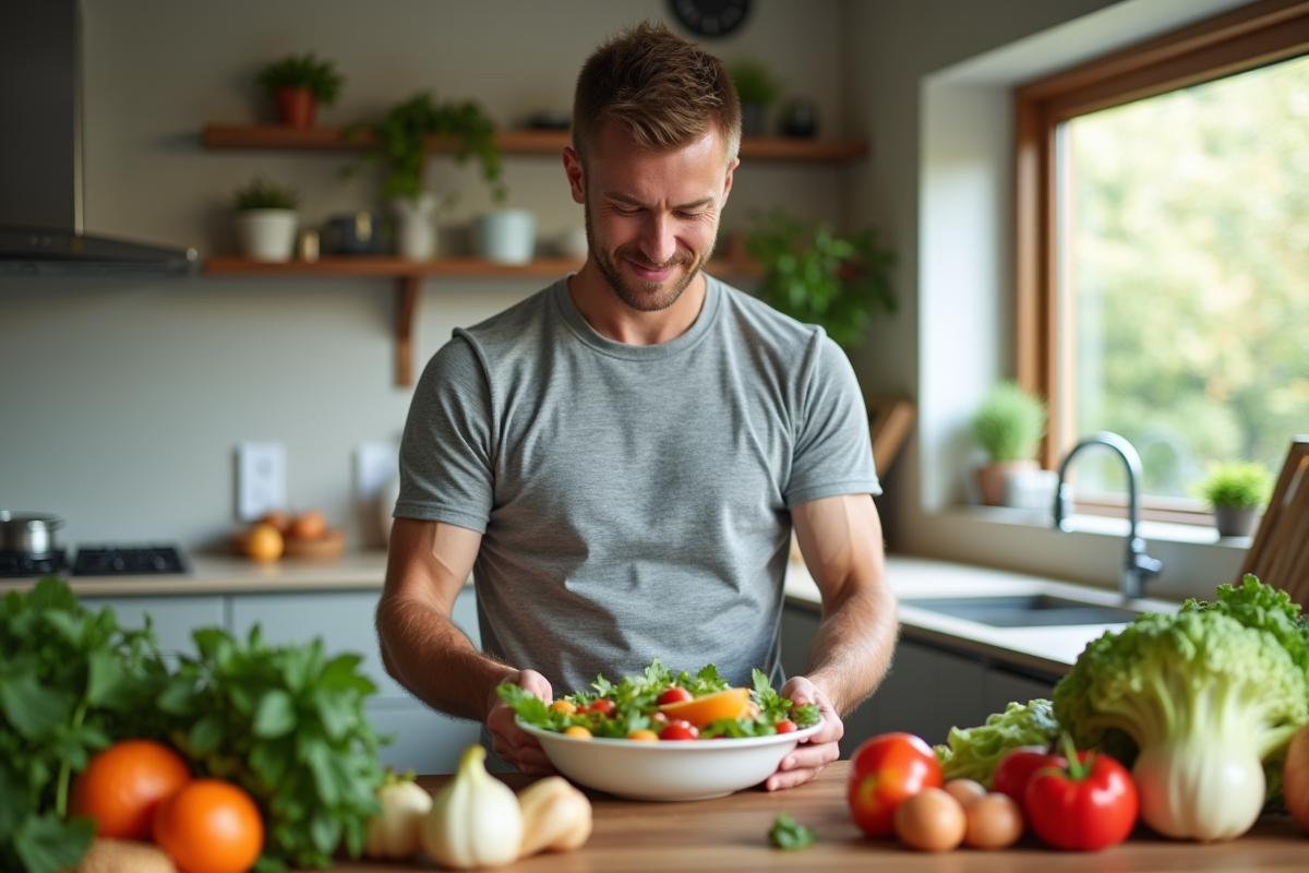 Homme préparant une salade colorée dans la cuisine