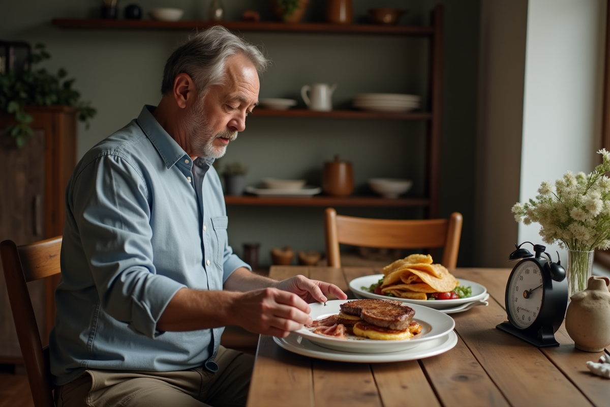 Homme vérifiant son poids avec repas copieux