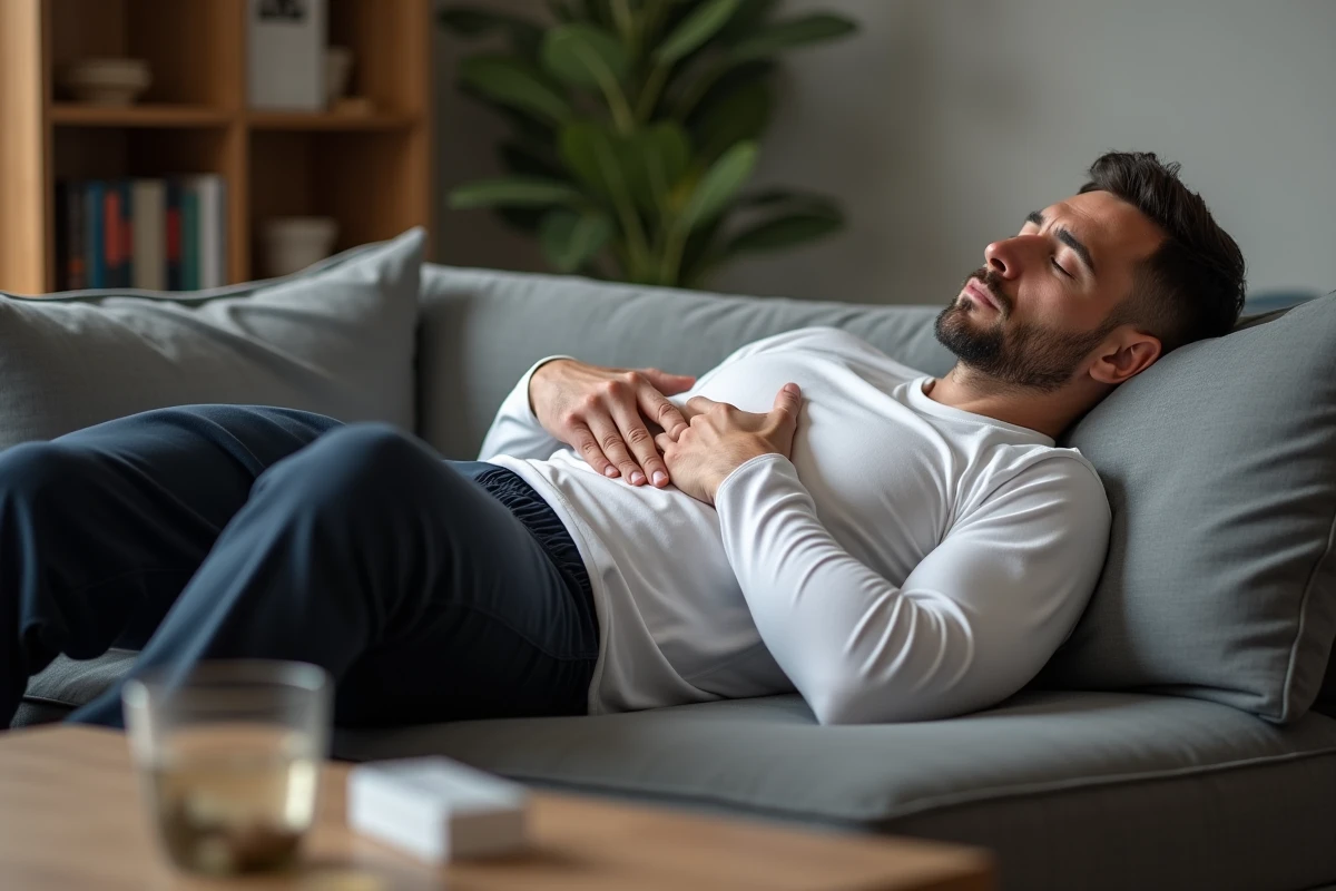 Homme allongé au repos après une chute avec douleur aux côtes, gestion des symptômes à domicile