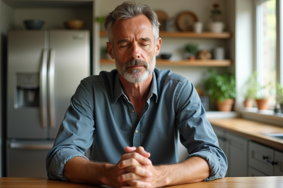 Homme en réflexion dans une cuisine lumineuse