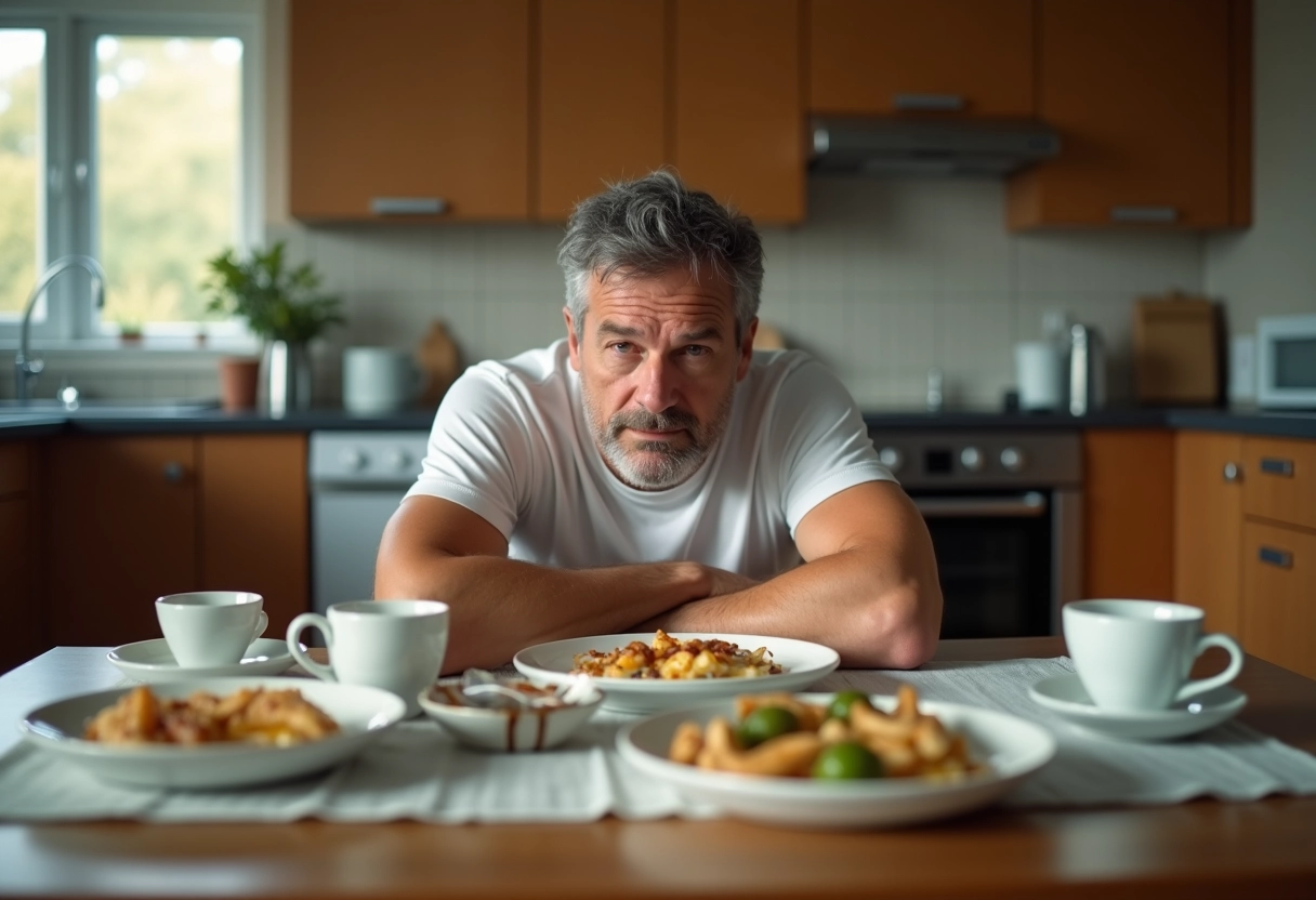Homme fatigué au petit déjeuner dans une cuisine chaleureuse