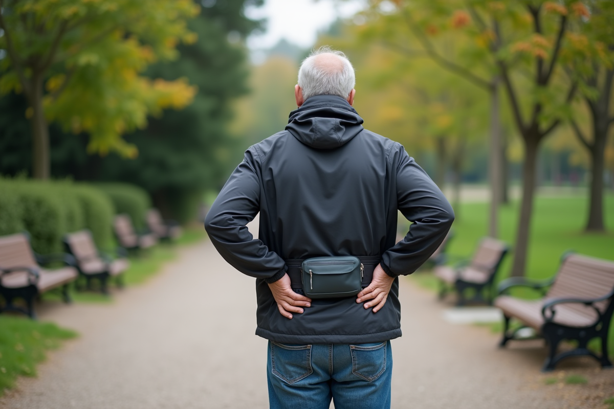 Homme ajustant un sac lombaire dans un parc urbain