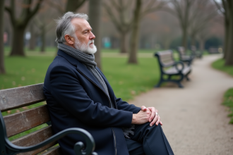 Homme d'âge moyen assis seul sur un banc dans un parc au printemps