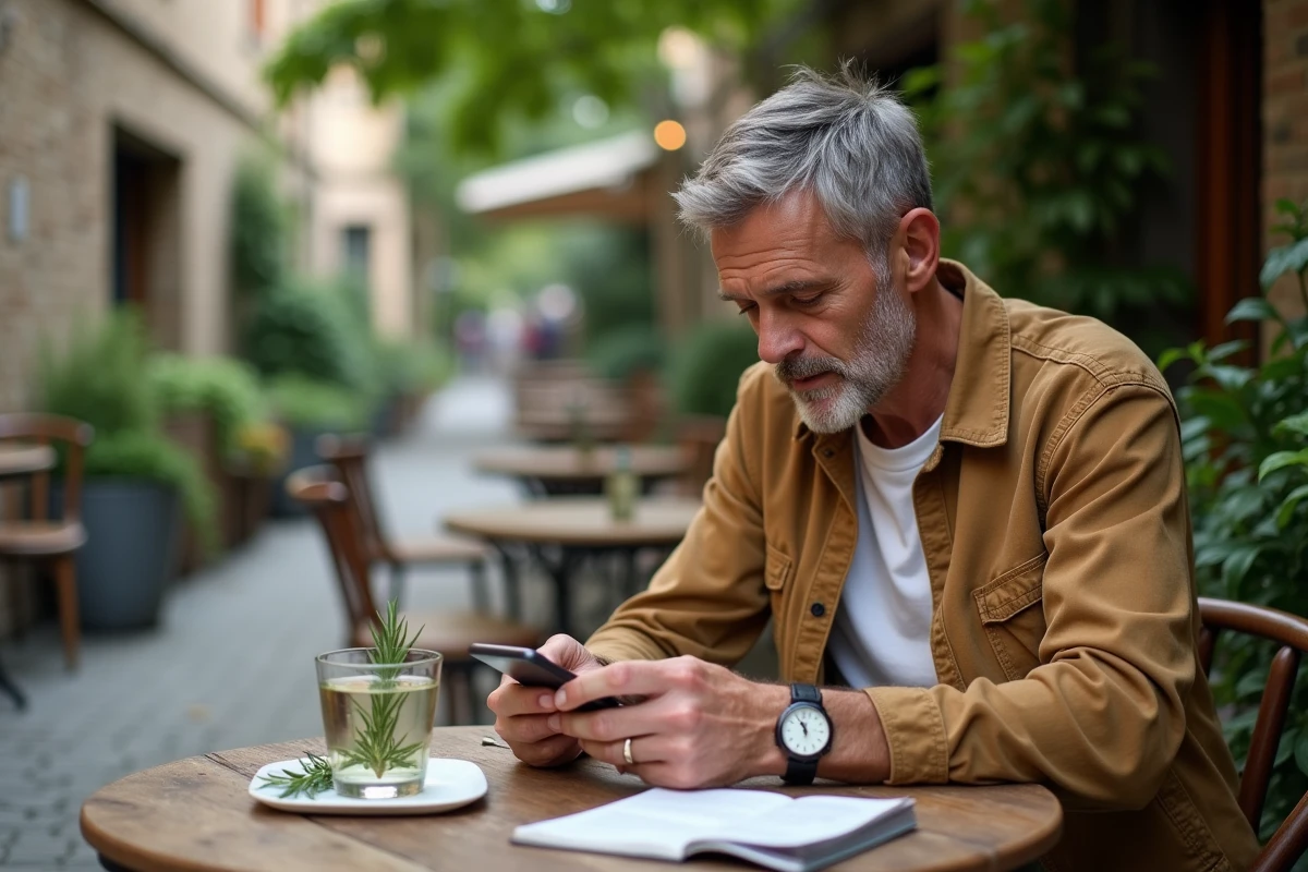 Homme buvant une eau au romarin dans un café en plein air