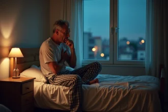 Homme d'âge moyen toussant dans sa chambre à coucher