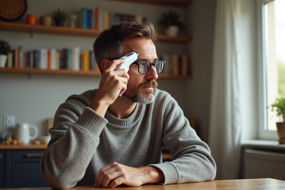 Homme vérifiant sa température avec un thermomètre à la maison
