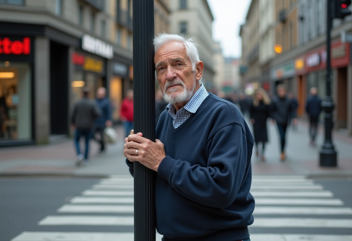 Homme âgé au passage piéton urbain