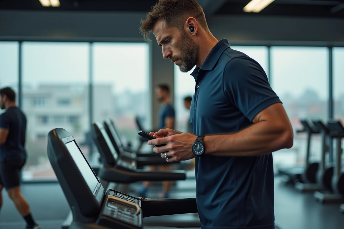 Homme contrôlant sa vitesse de marche sur tapis roulant dans une salle de sport moderne