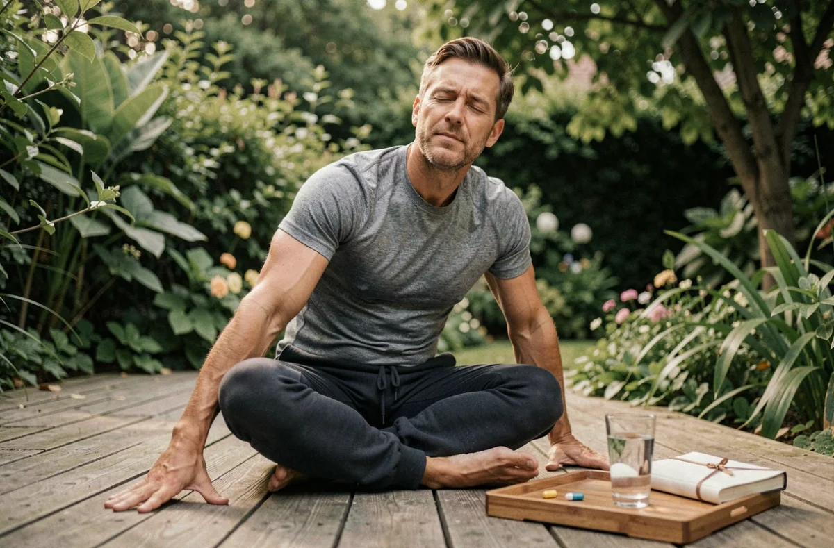 Homme pratiquant le yoga matinal avec des compléments de bien-être posés à côté de lui sur une terrasse en bois
