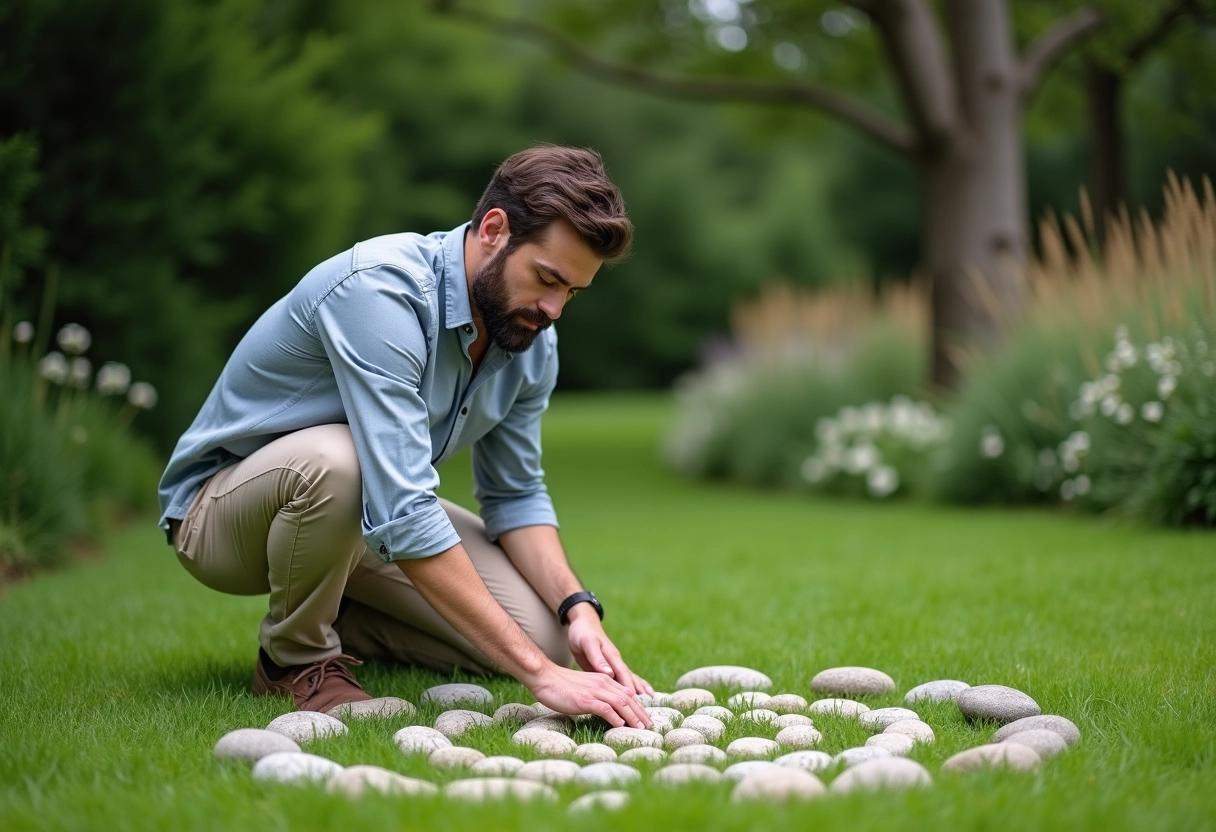 Homme arrangeant des pierres dans un jardin paisible