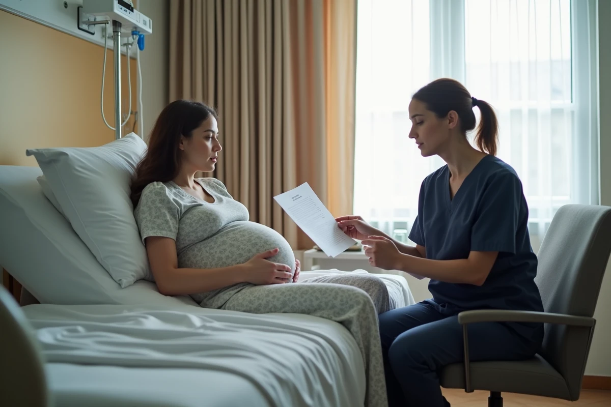 Femme enceinte hospitalisée en maternité discutant de son suivi de cerclage cervical avec une sage-femme