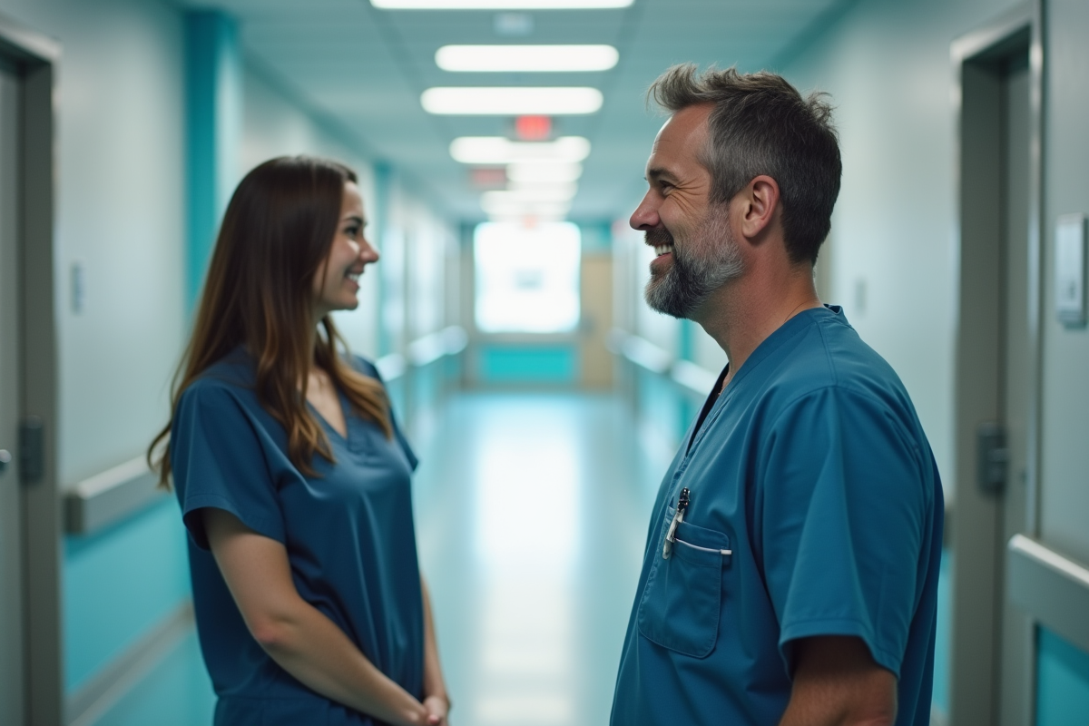 Infirmier en scrubs dans un couloir d
