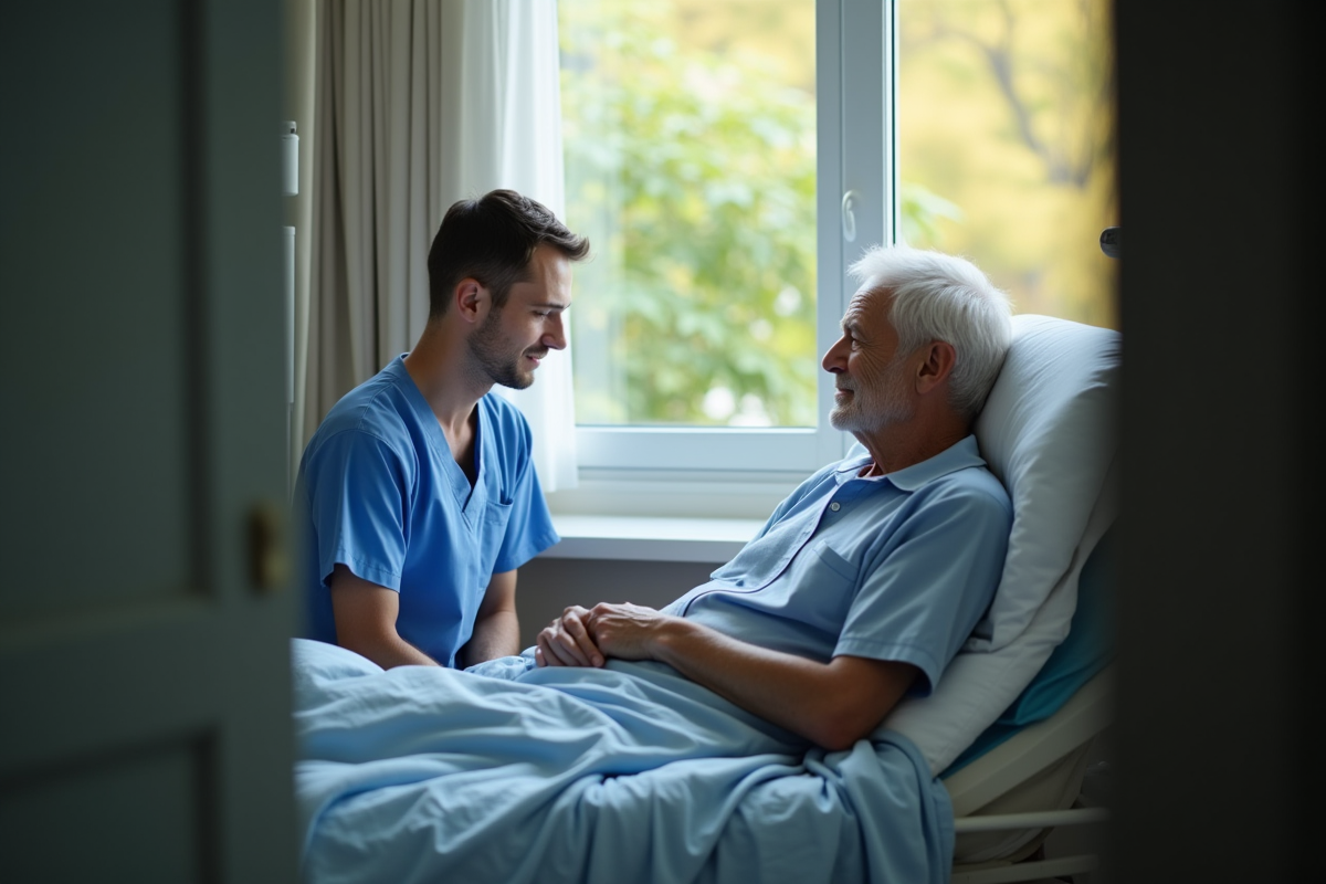 Infirmier en scrubs bleus auprès d