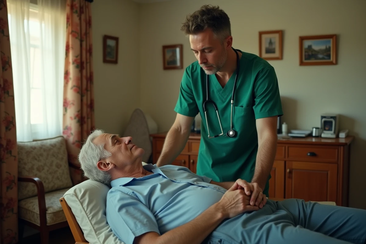 Infirmier en scrubs verts &eacute;valuant un patient &agrave; la maison