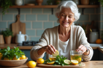 Femme senior préparant une infusion à la menthe et citron