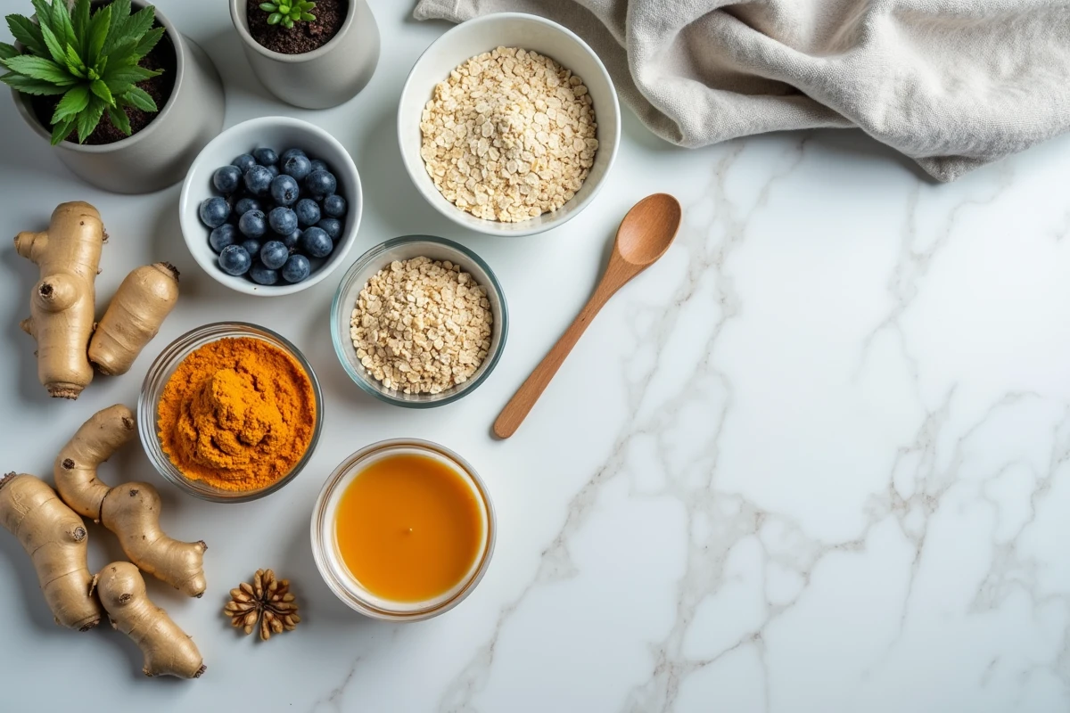 Ingrédients anti-inflammatoires et plan de menu pour la maladie de Sever disposés sur un comptoir en marbre