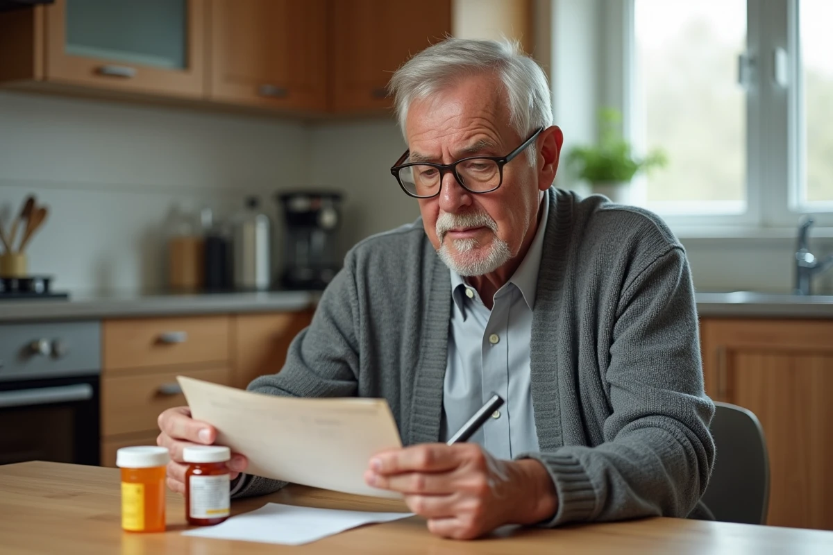 Un homme âgé examine attentivement deux boîtes de médicaments sur une table de cuisine pour vérifier les interactions avec Mejetsvomiz
