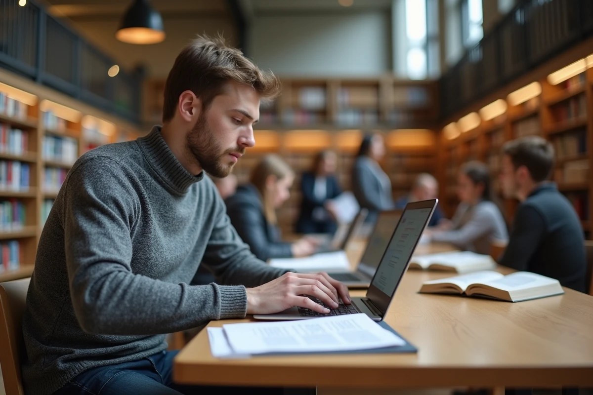 Jeune assistant de recherche travaillant à la bibliothèque