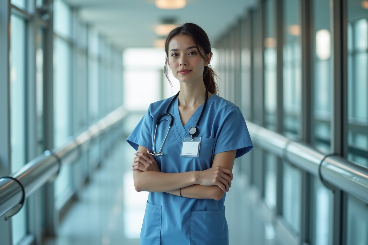 Jeune étudiante en blouse hospitalière dans couloir moderne