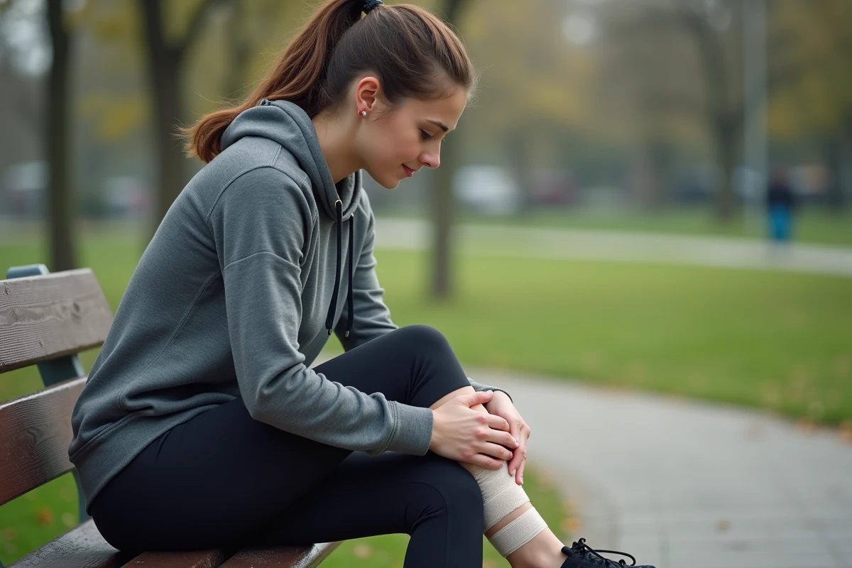Jeune femme en extérieur en train de bander son genou