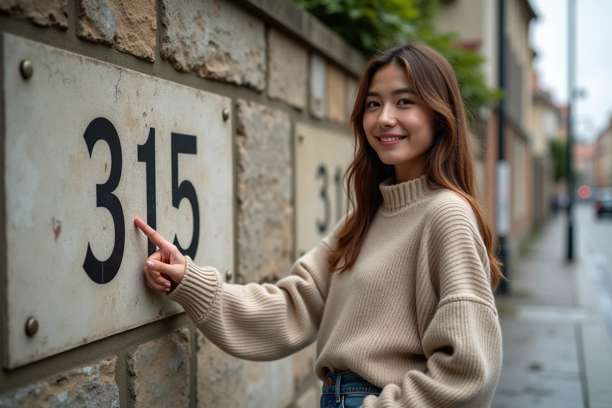 Jeune femme près d’un mur marqué 3115 en tenue décontractée