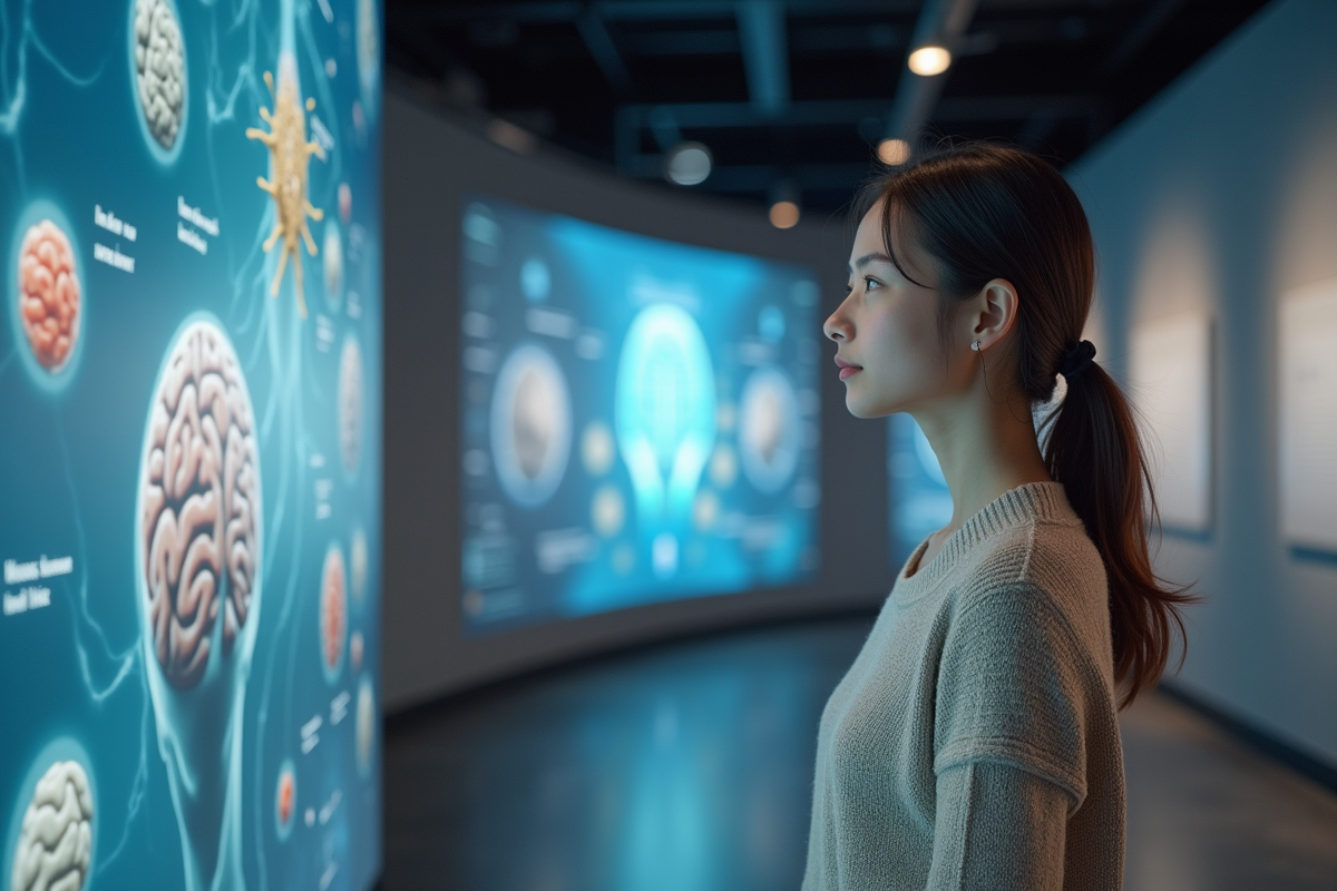 Jeune femme observant illustrations de cerveau au musée