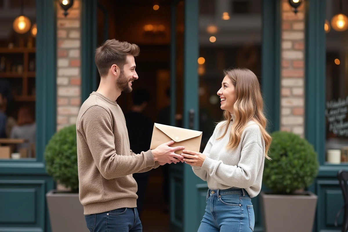 Jeune homme donnant un magazine &agrave; une femme dans la rue
