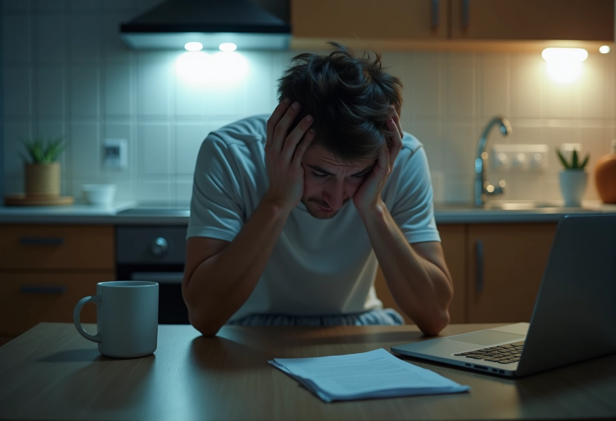 Jeune homme frustré assis à la table de cuisine