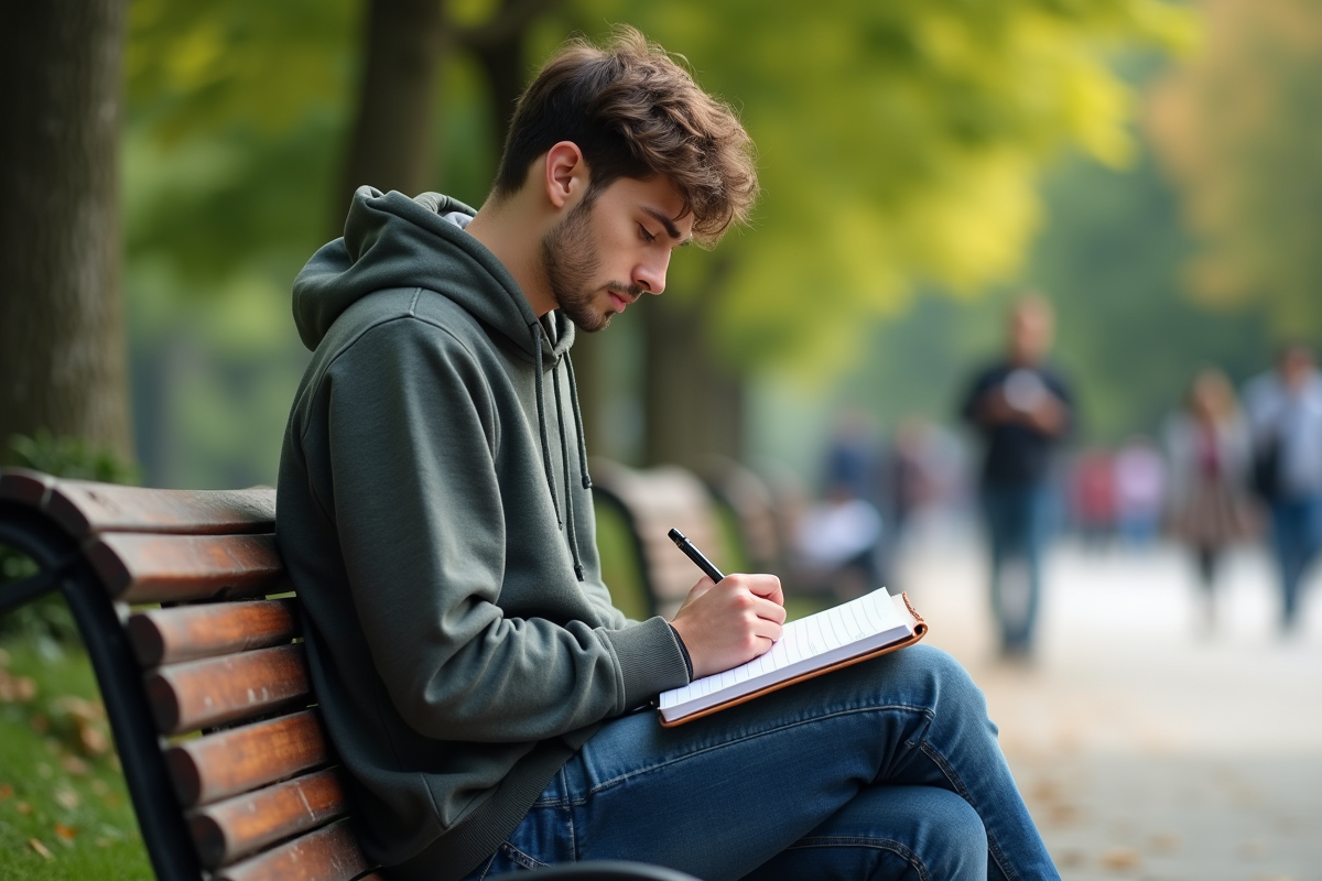 Jeune homme dans un parc écrivant dans un carnet
