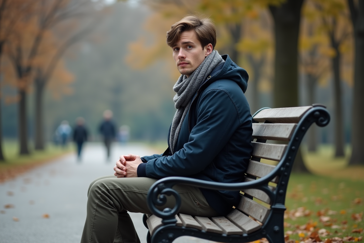 Jeune homme assis sur un banc de parc en automne
