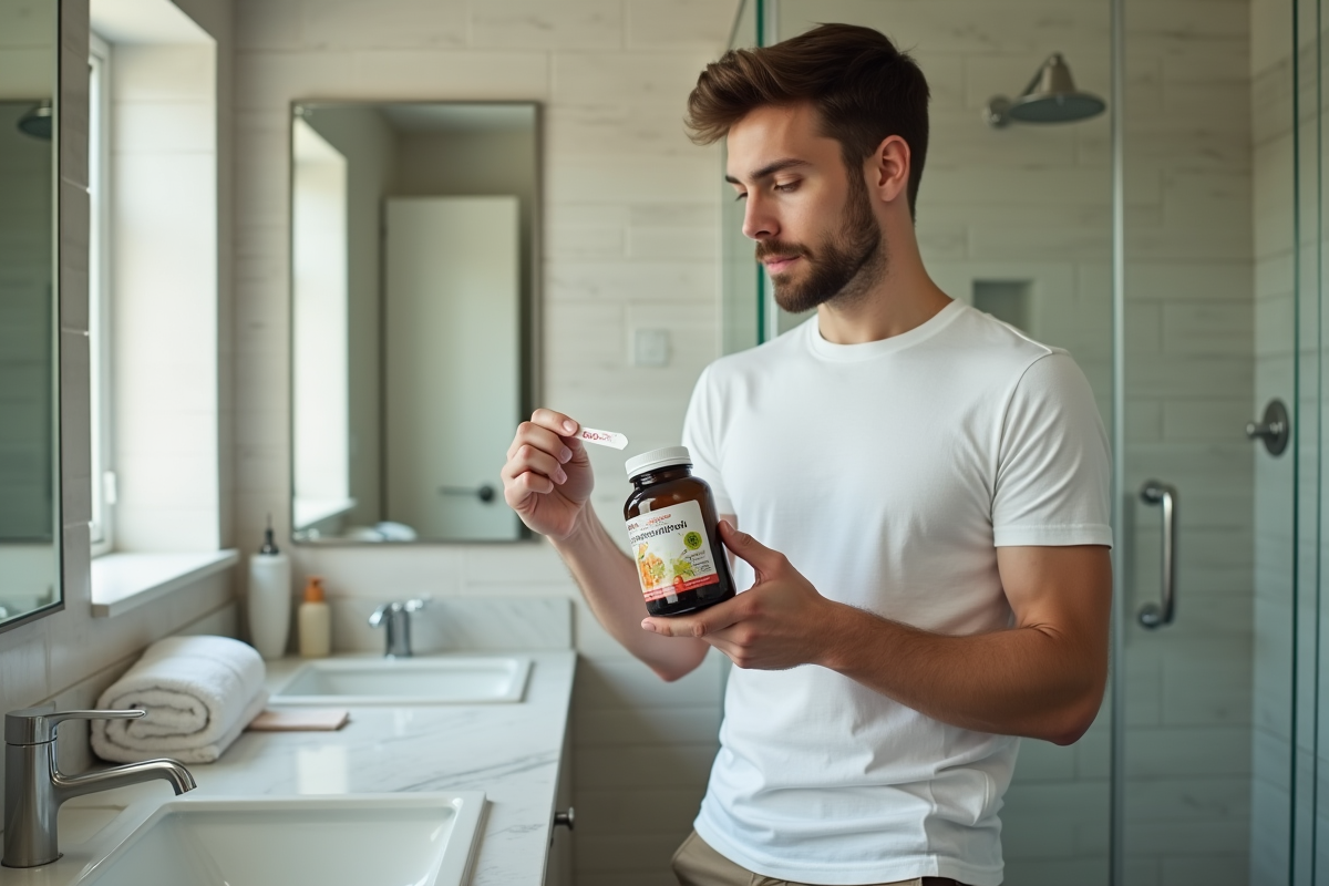 Jeune homme en salle de bain regarde un test urinaire avec un probiotique