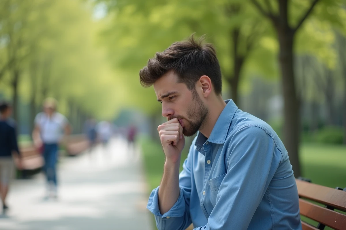 Jeune homme toussant dans un parc en respectant la distanciation
