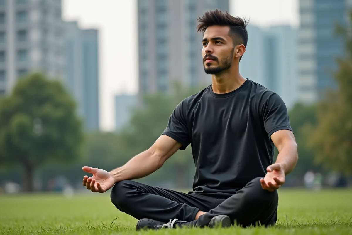 Jeune homme en yoga dans un parc urbain
