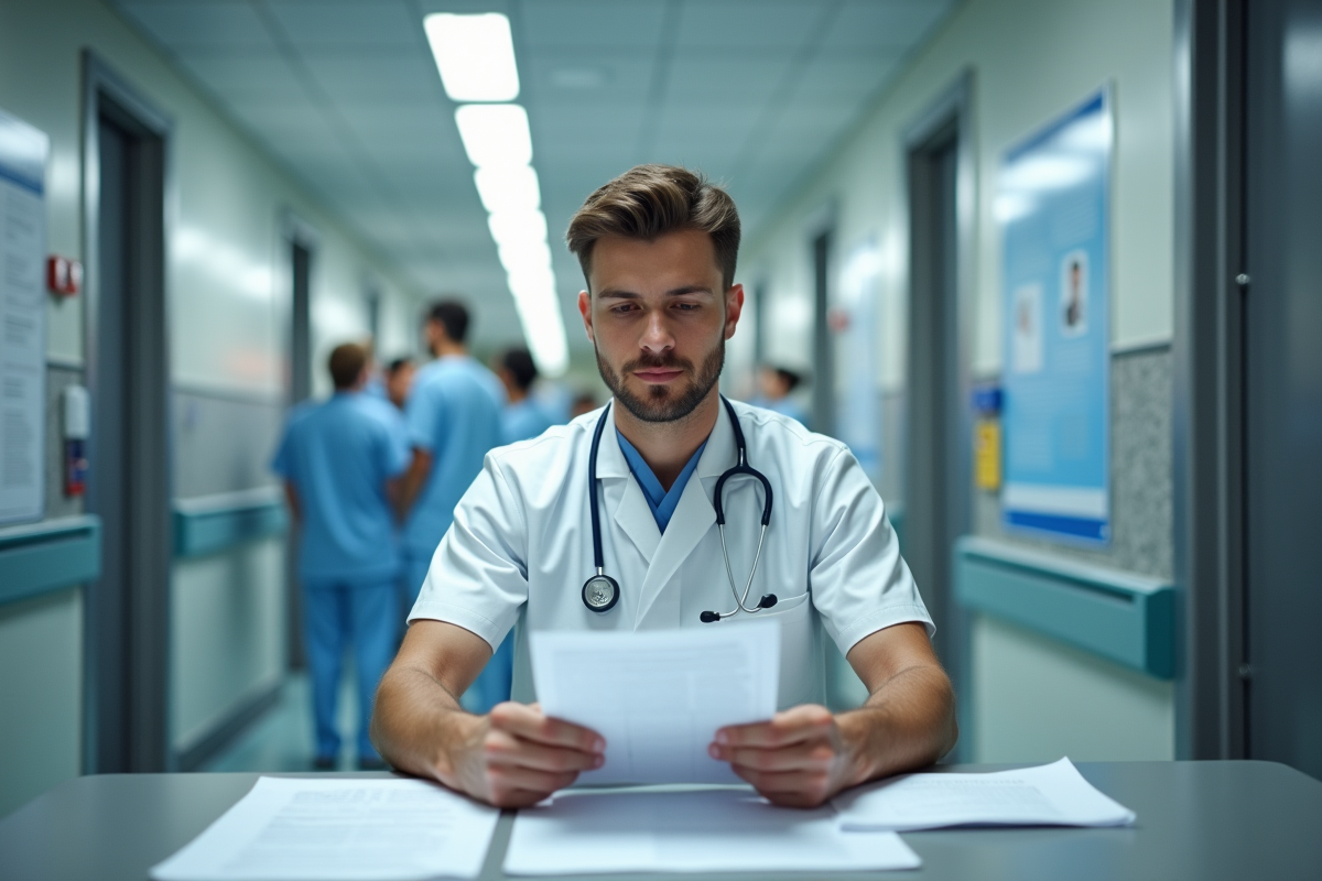 Jeune infirmier en blouse blanche dans un couloir d