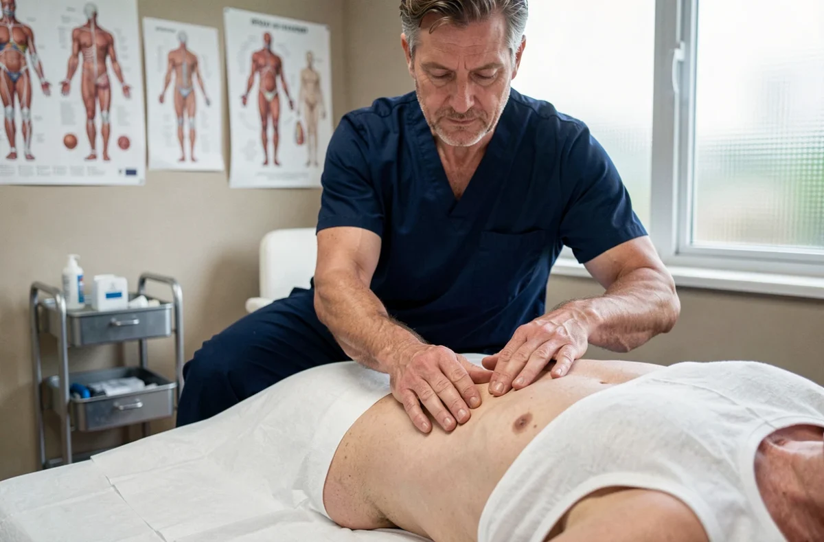 Kinésithérapeute examinant les côtes d'un patient allongé sur une table de traitement en cabinet médical