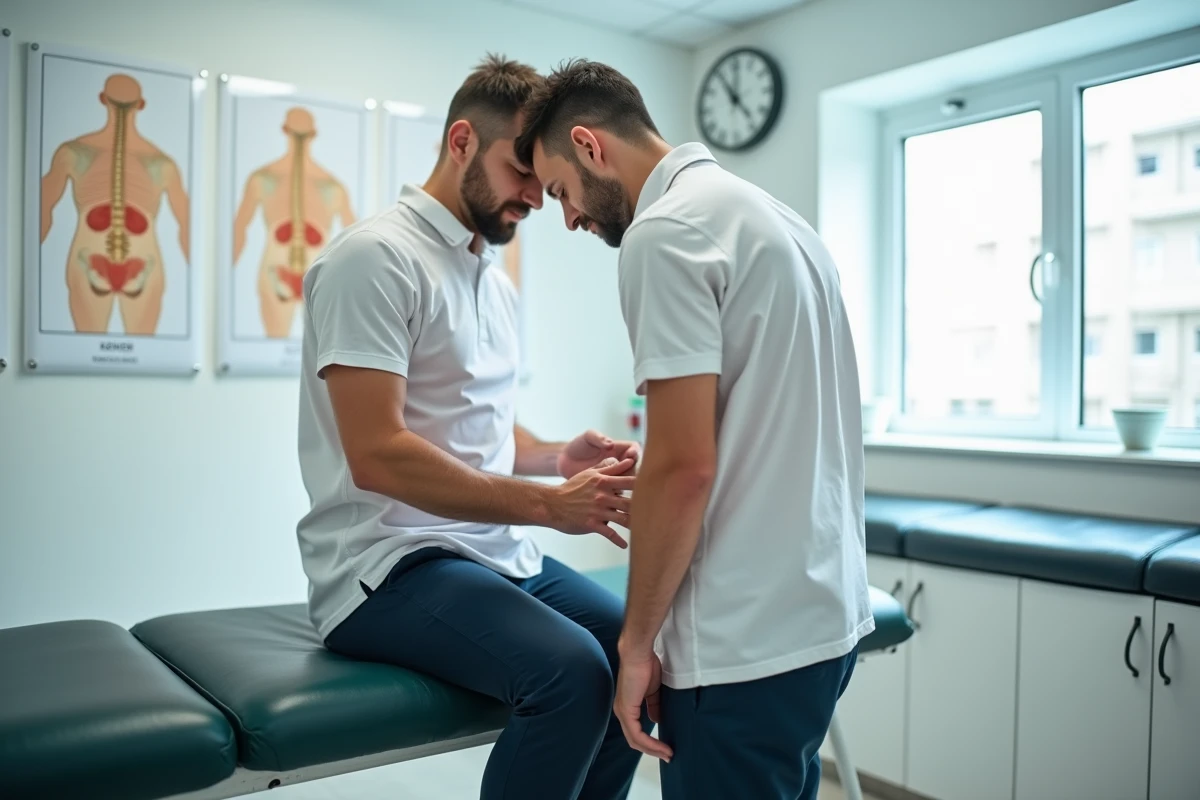 Kinésithérapeute examinant la lombalgie d'un patient en cabinet médical, reconnaissance maladie professionnelle tableau 57