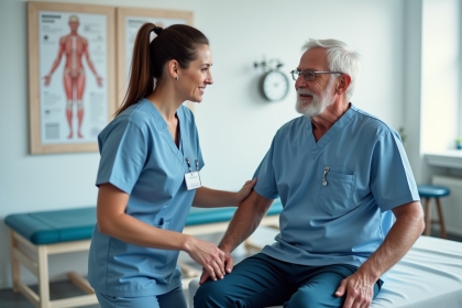 Kinésithérapeute aidant un patient âgé en rééducation