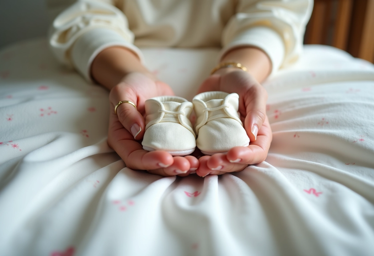 Mains tenant des chaussons de bébé dans une chambre douce