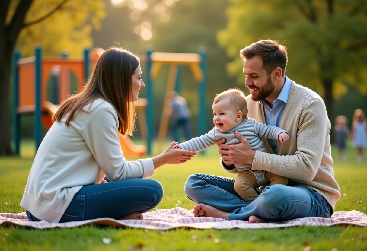 Maman regarde son bébé atteindre le père dans un parc