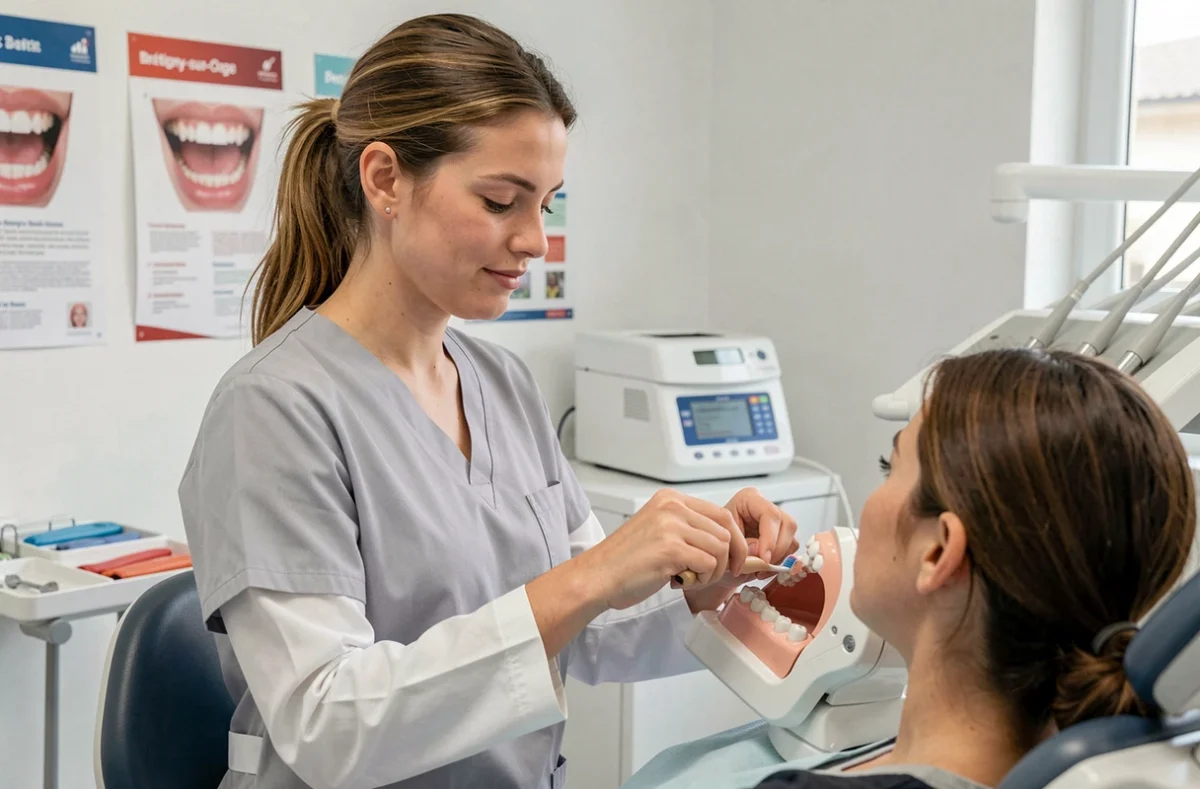 Margaux Pilot, dentiste à Brétigny-sur-Orge, expliquant les soins dentaires à un patient