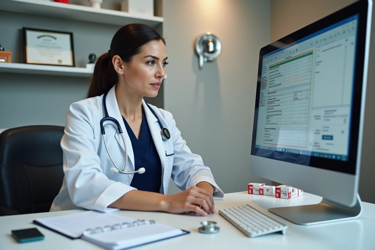 Une médecin généraliste analyse les interactions médicamenteuses de Mejetsvomiz sur un écran d'ordinateur dans son cabinet