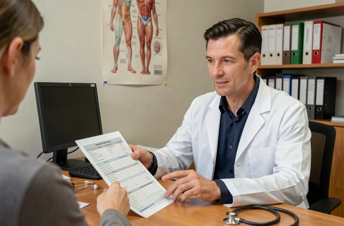 Médecin généraliste expliquant à un patient la liste des affections longue durée remboursées à 100% par l'Assurance Maladie