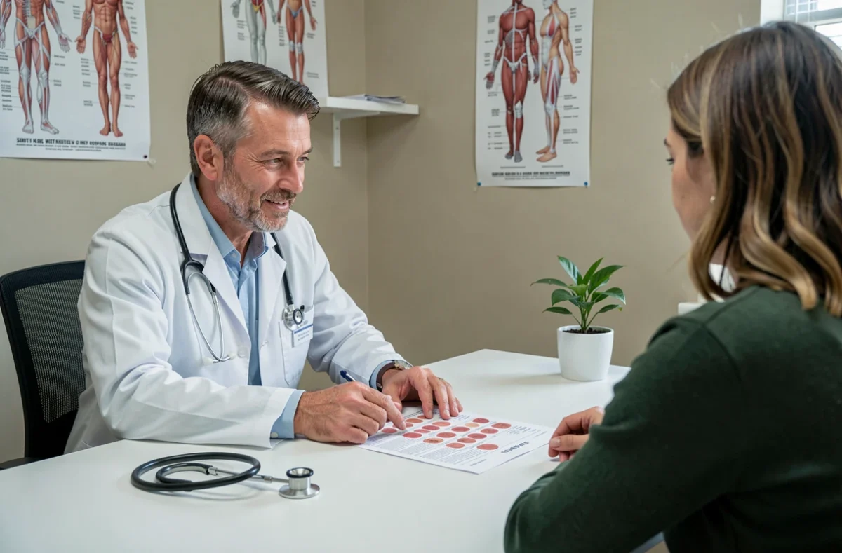 Médecin expliquant les résultats d'une analyse sanguine à un patient pour déterminer la durée d'une cure de vitamine B12 en cas d'anémie
