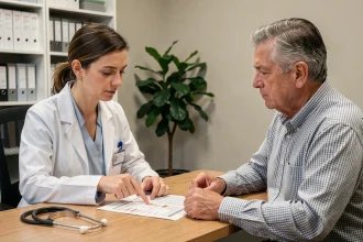 Médecin expliquant les résultats d'une prise de sang Gamma GT à un patient lors d'une consultation médicale