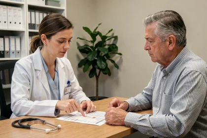 Médecin expliquant les résultats d'une prise de sang Gamma GT à un patient lors d'une consultation médicale