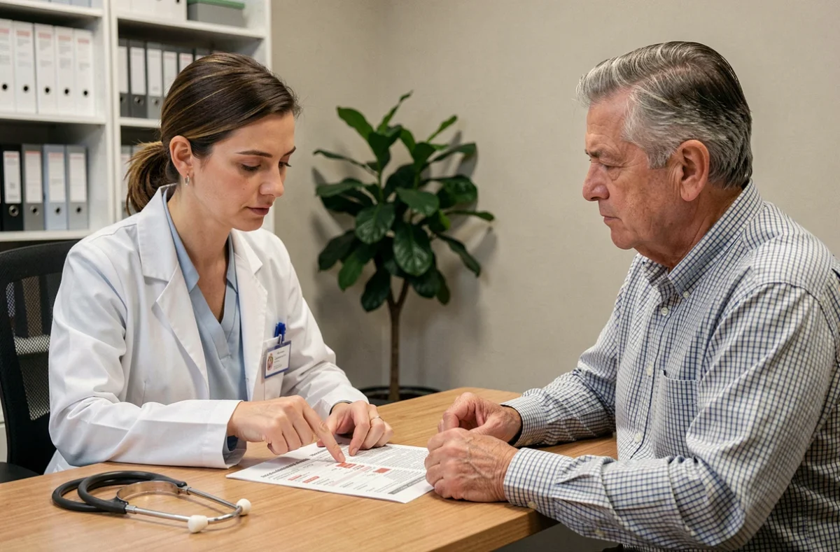 Médecin expliquant les résultats d'une prise de sang Gamma GT à un patient lors d'une consultation médicale