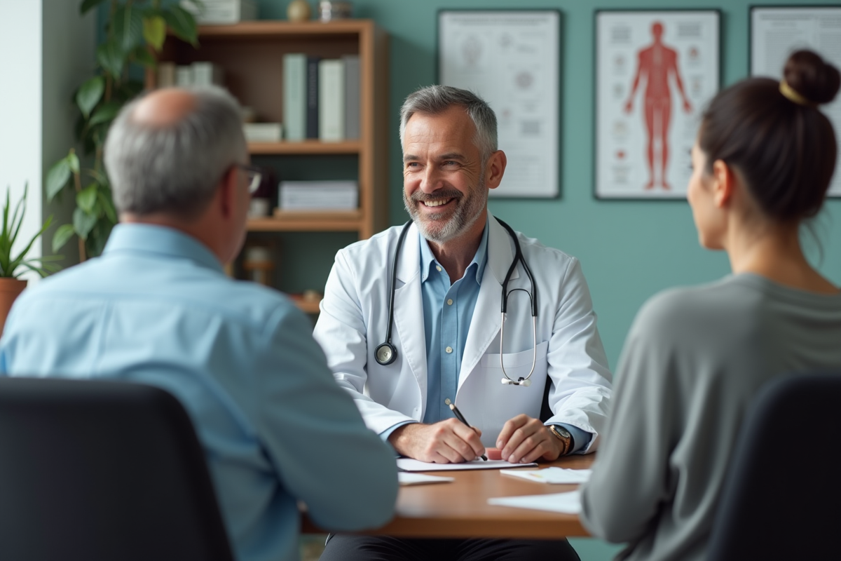Medecin discutant avec un couple dans un cabinet medical